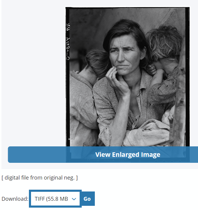 Screenshot of the destitute mother photo available on the Library of Congress website